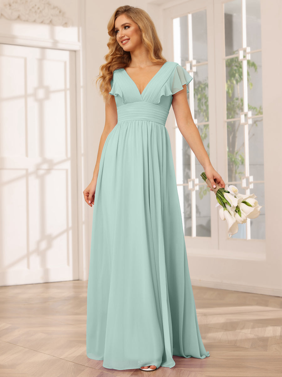 A-Line/Princess V-Neck Long Bridesmaid Dresses with Split Side Mist Blue