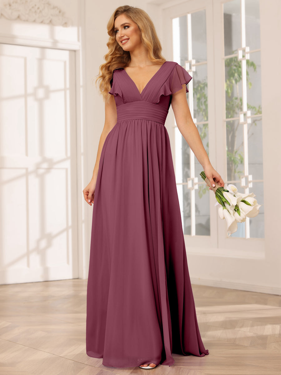 A-Line/Princess V-Neck Long Bridesmaid Dresses with Split Side Mulberry