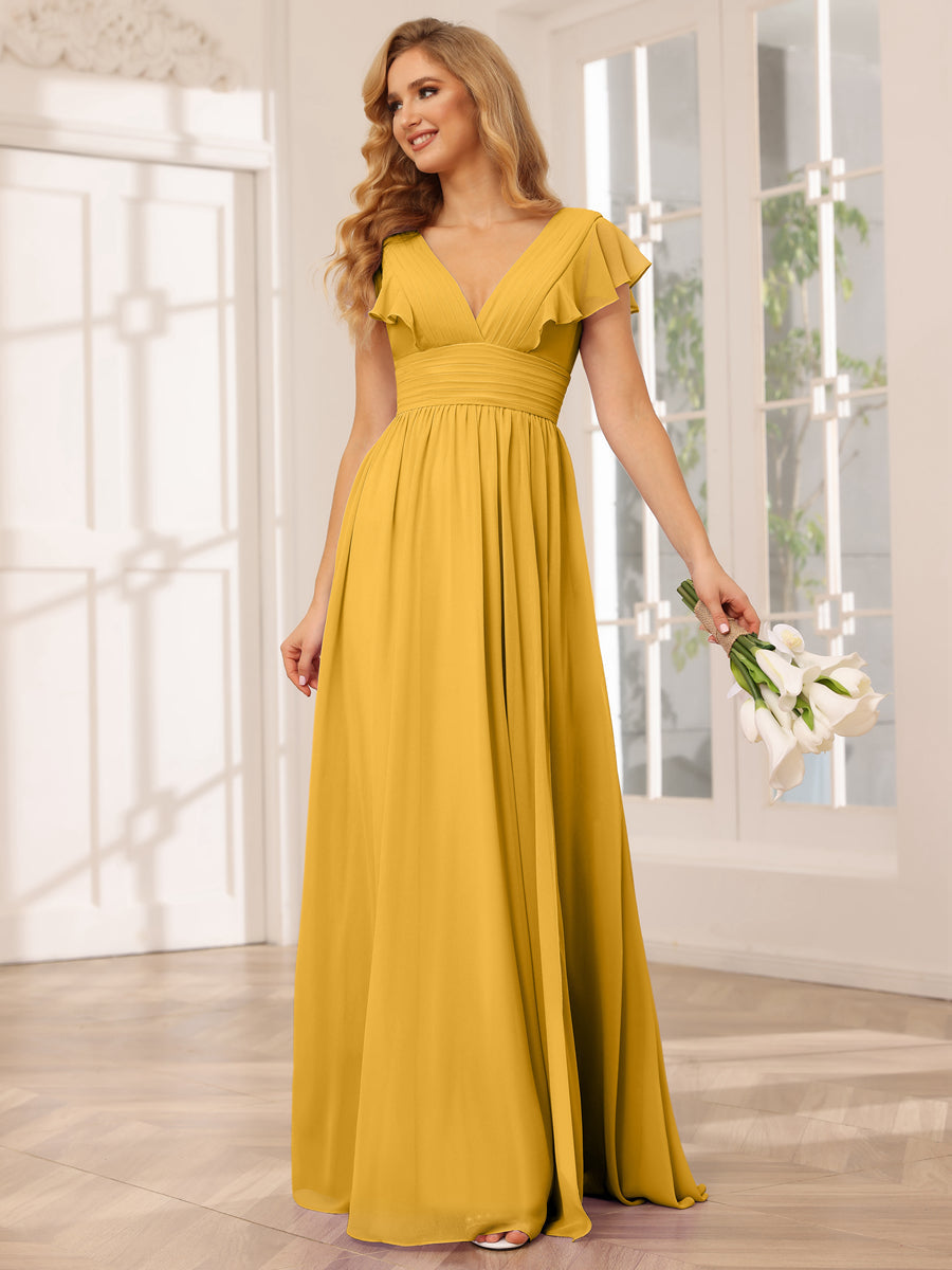 A-Line/Princess V-Neck Long Bridesmaid Dresses with Split Side Mustard Yellow