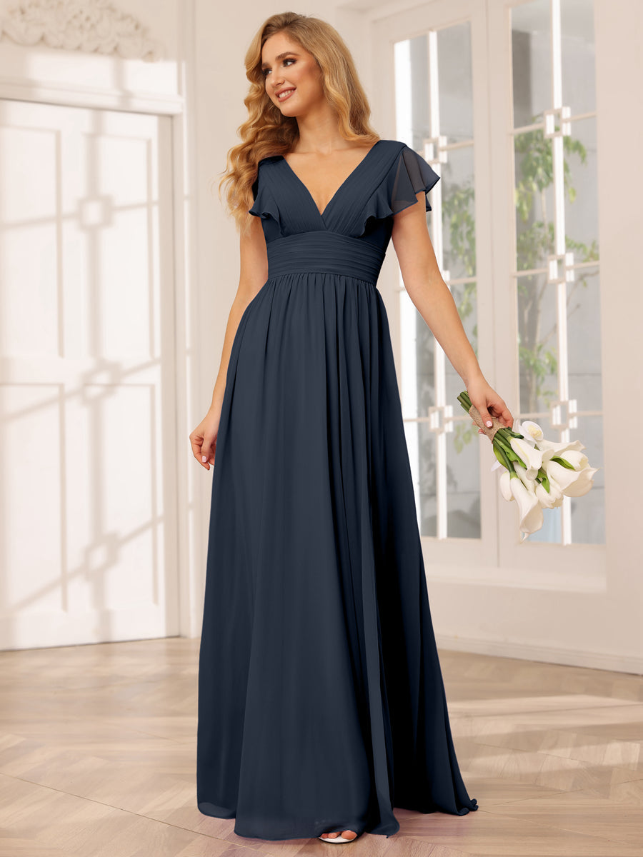 A-Line/Princess V-Neck Long Bridesmaid Dresses with Split Side Navy Blue