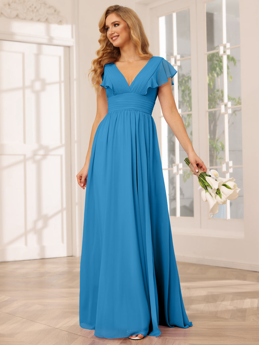 A-Line/Princess V-Neck Long Bridesmaid Dresses with Split Side Ocean Blue