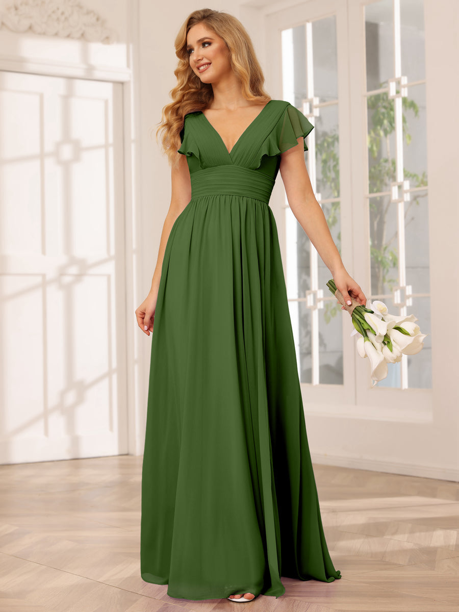A-Line/Princess V-Neck Long Bridesmaid Dresses with Split Side Olive Green