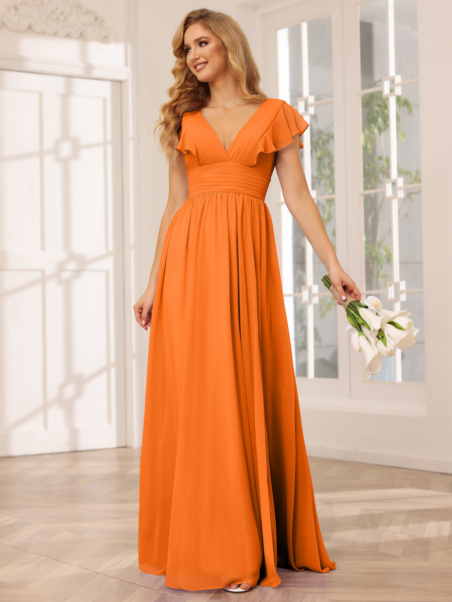 A-Line/Princess V-Neck Long Bridesmaid Dresses with Split Side Orange
