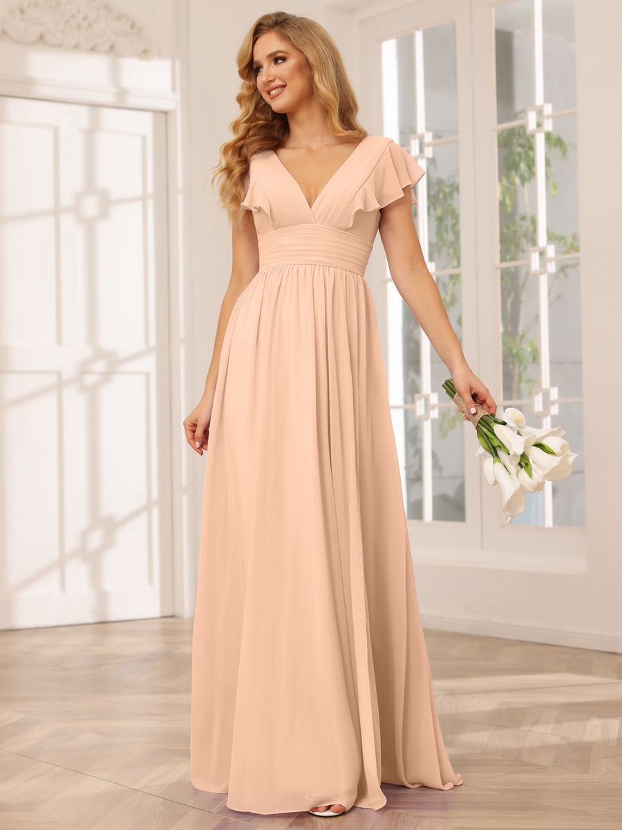 A-Line/Princess V-Neck Long Bridesmaid Dresses with Split Side Peach Pink
