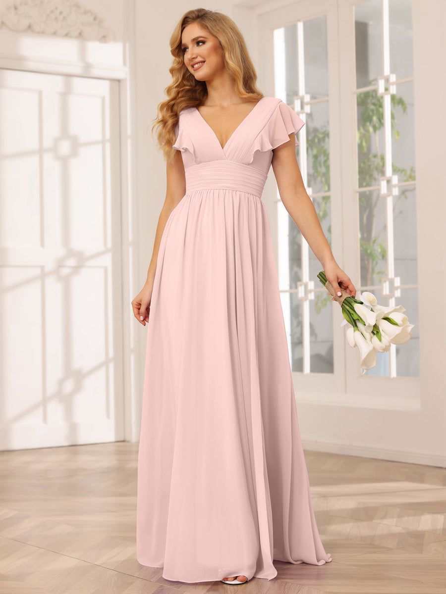 A-Line/Princess V-Neck Long Bridesmaid Dresses with Split Side Pearl Pink