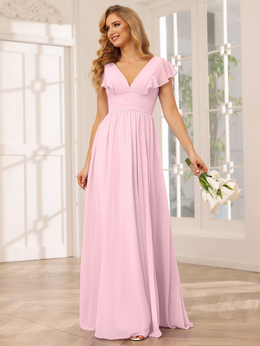 A-Line/Princess V-Neck Long Bridesmaid Dresses with Split Side Pink