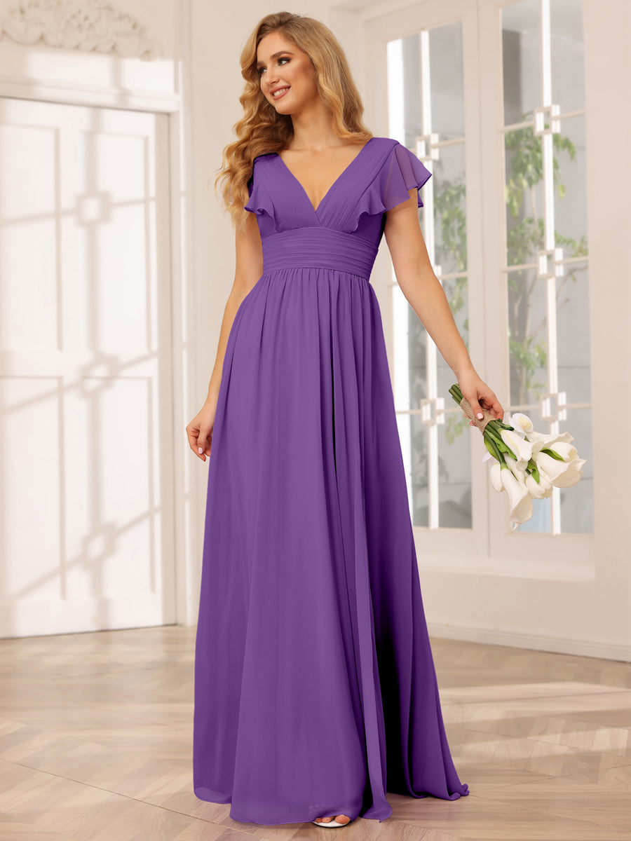 A-Line/Princess V-Neck Long Bridesmaid Dresses with Split Side Purple