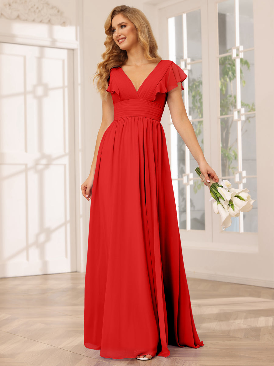 A-Line/Princess V-Neck Long Bridesmaid Dresses with Split Side Red