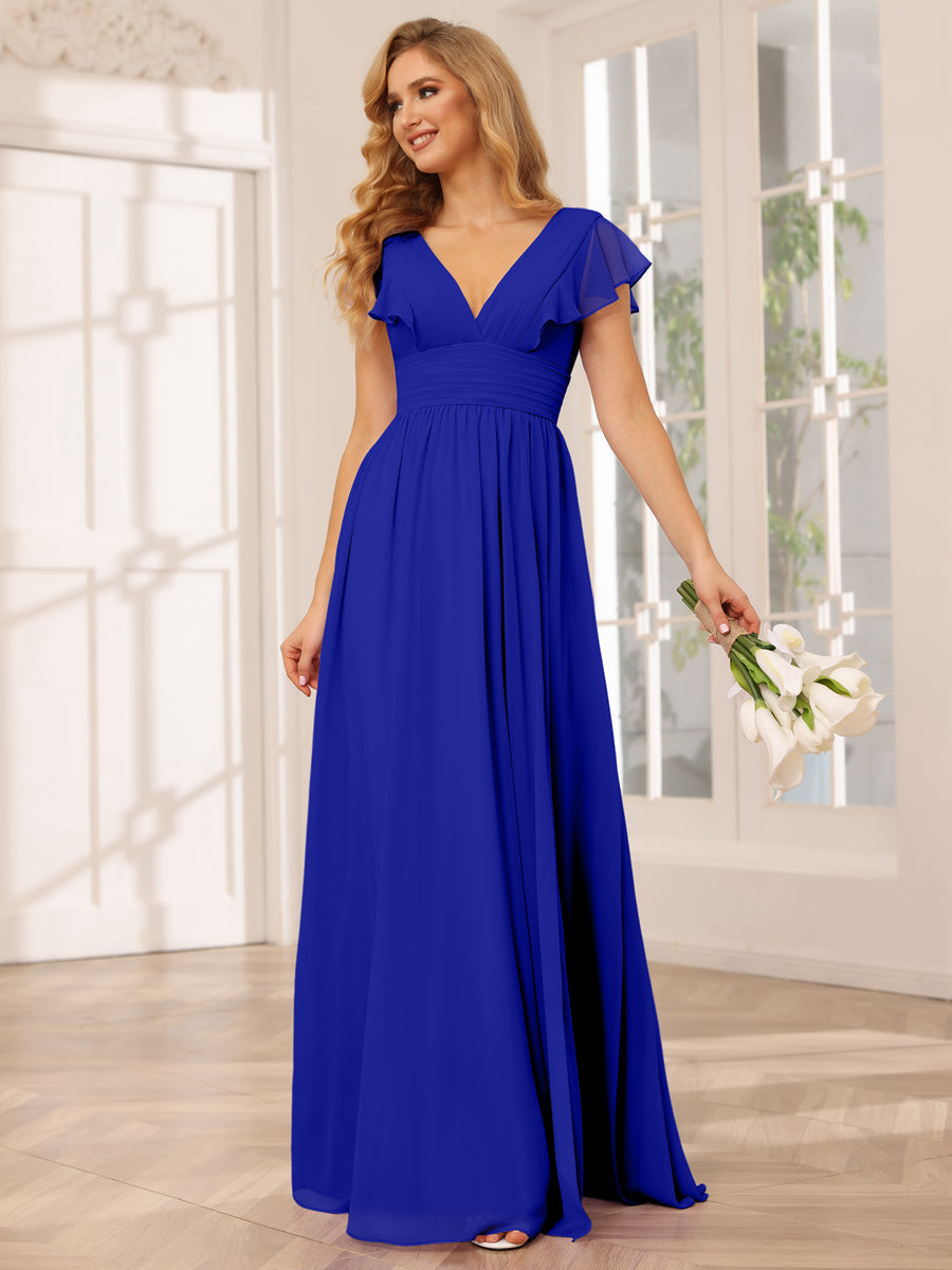 A-Line/Princess V-Neck Long Bridesmaid Dresses with Split Side Royal Blue