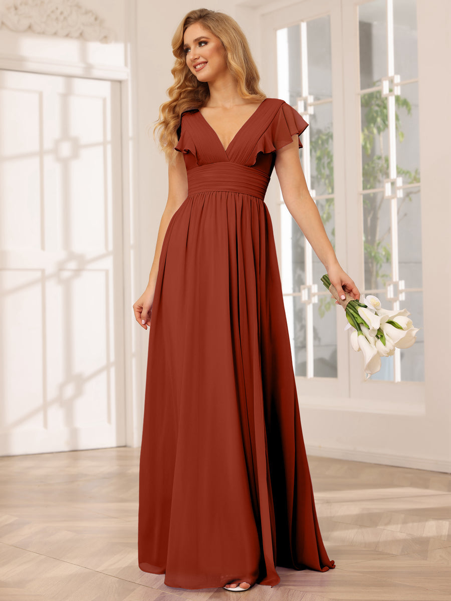 A-Line/Princess V-Neck Long Bridesmaid Dresses with Split Side Rust