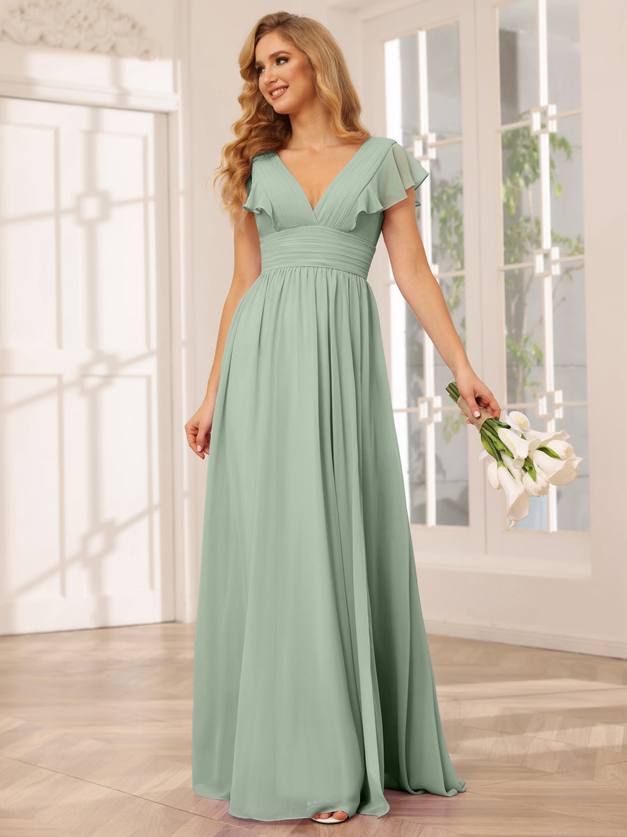 A-Line/Princess V-Neck Long Bridesmaid Dresses with Split Side Sage