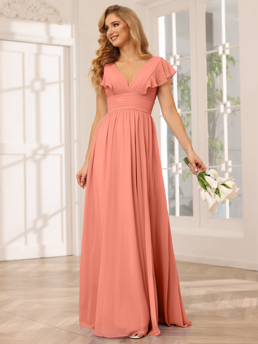 A-Line/Princess V-Neck Long Bridesmaid Dresses with Split Side Salmon