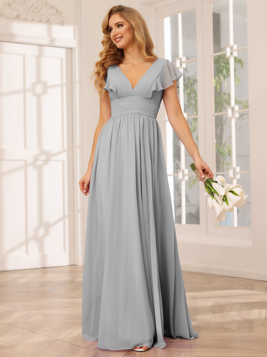 A-Line/Princess V-Neck Long Bridesmaid Dresses with Split Side Silver
