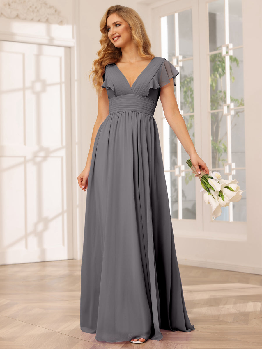 A-Line/Princess V-Neck Long Bridesmaid Dresses with Split Side Silver Gray