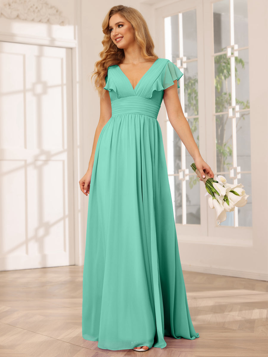 A-Line/Princess V-Neck Long Bridesmaid Dresses with Split Side Spa