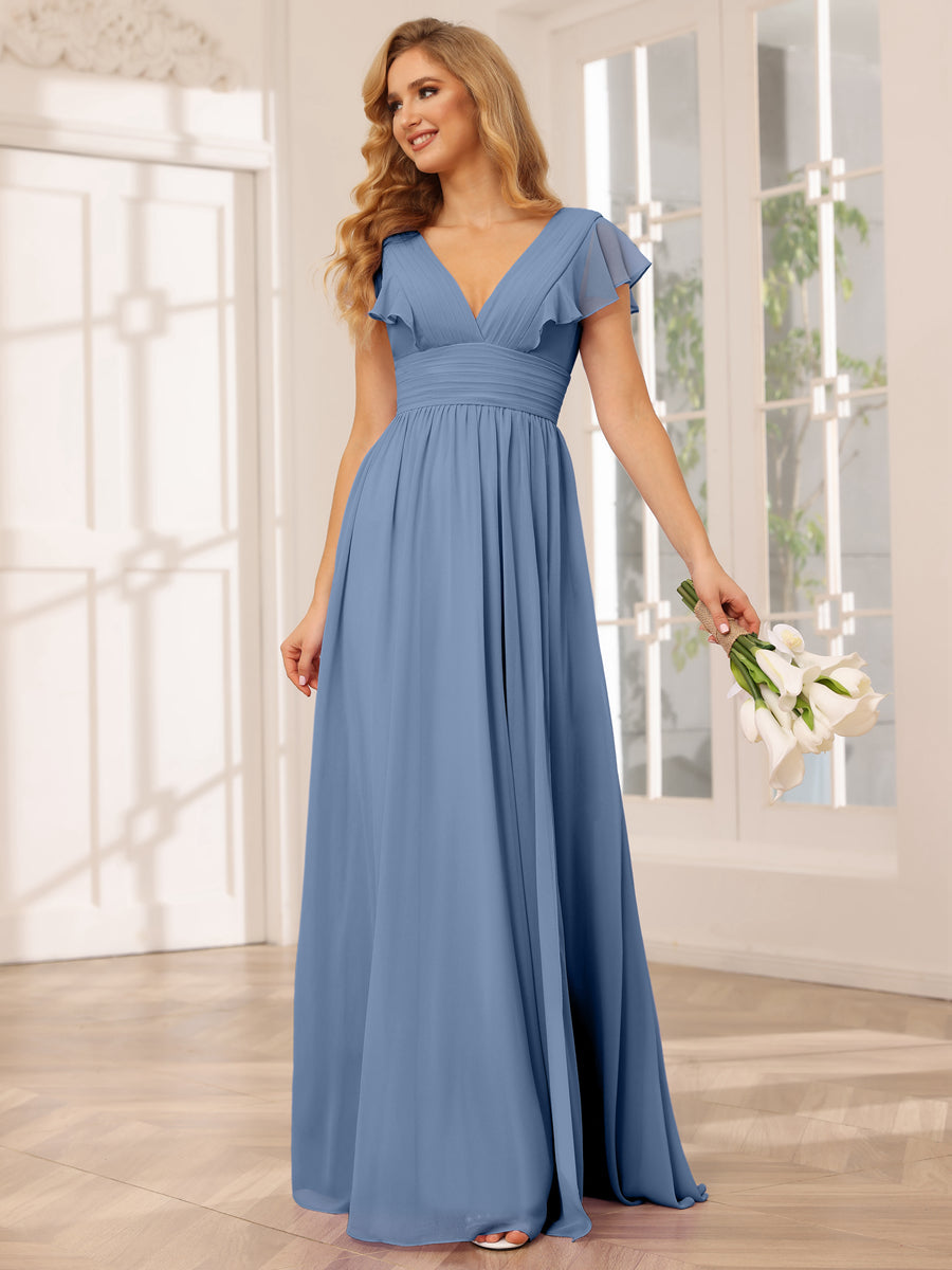 A-Line/Princess V-Neck Long Bridesmaid Dresses with Split Side Steel Blue