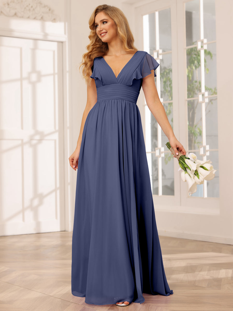A-Line/Princess V-Neck Long Bridesmaid Dresses with Split Side Stormy Blue