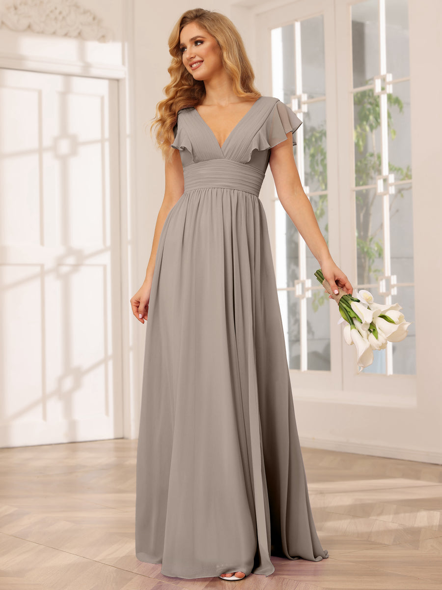 A-Line/Princess V-Neck Long Bridesmaid Dresses with Split Side Taupe