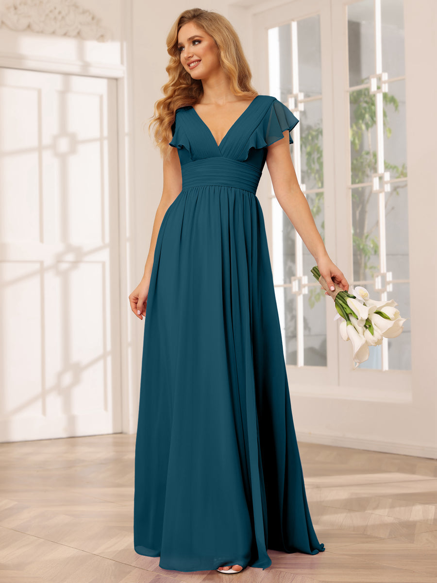 A-Line/Princess V-Neck Long Bridesmaid Dresses with Split Side Teal