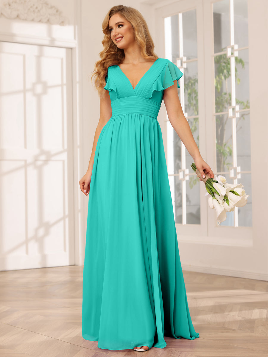 A-Line/Princess V-Neck Long Bridesmaid Dresses with Split Side Turquoise