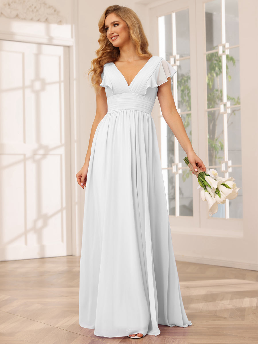 A-Line/Princess V-Neck Long Bridesmaid Dresses with Split Side White