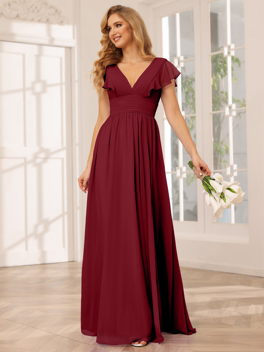 A-Line/Princess V-Neck Long Bridesmaid Dresses with Split Side Wine Red