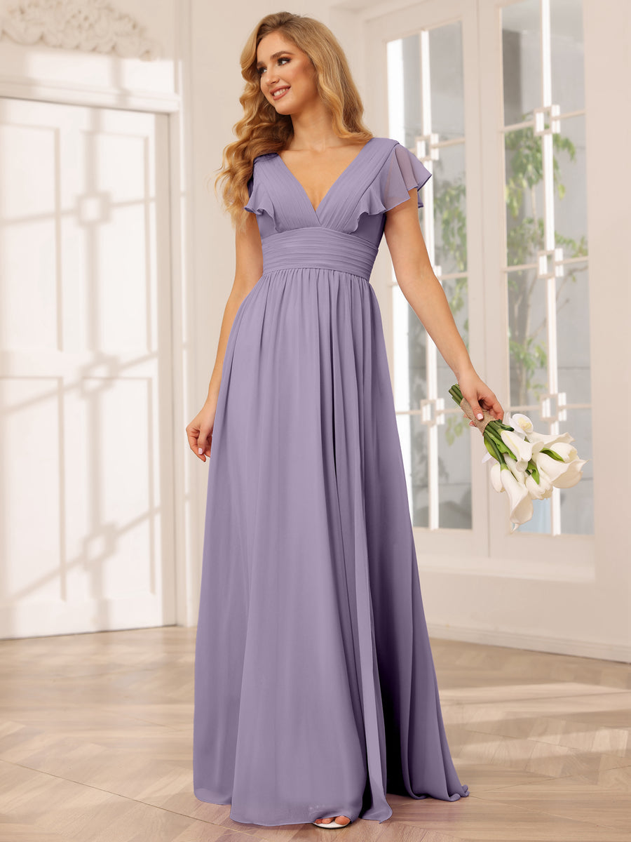 A-Line/Princess V-Neck Long Bridesmaid Dresses with Split Side Wisteria