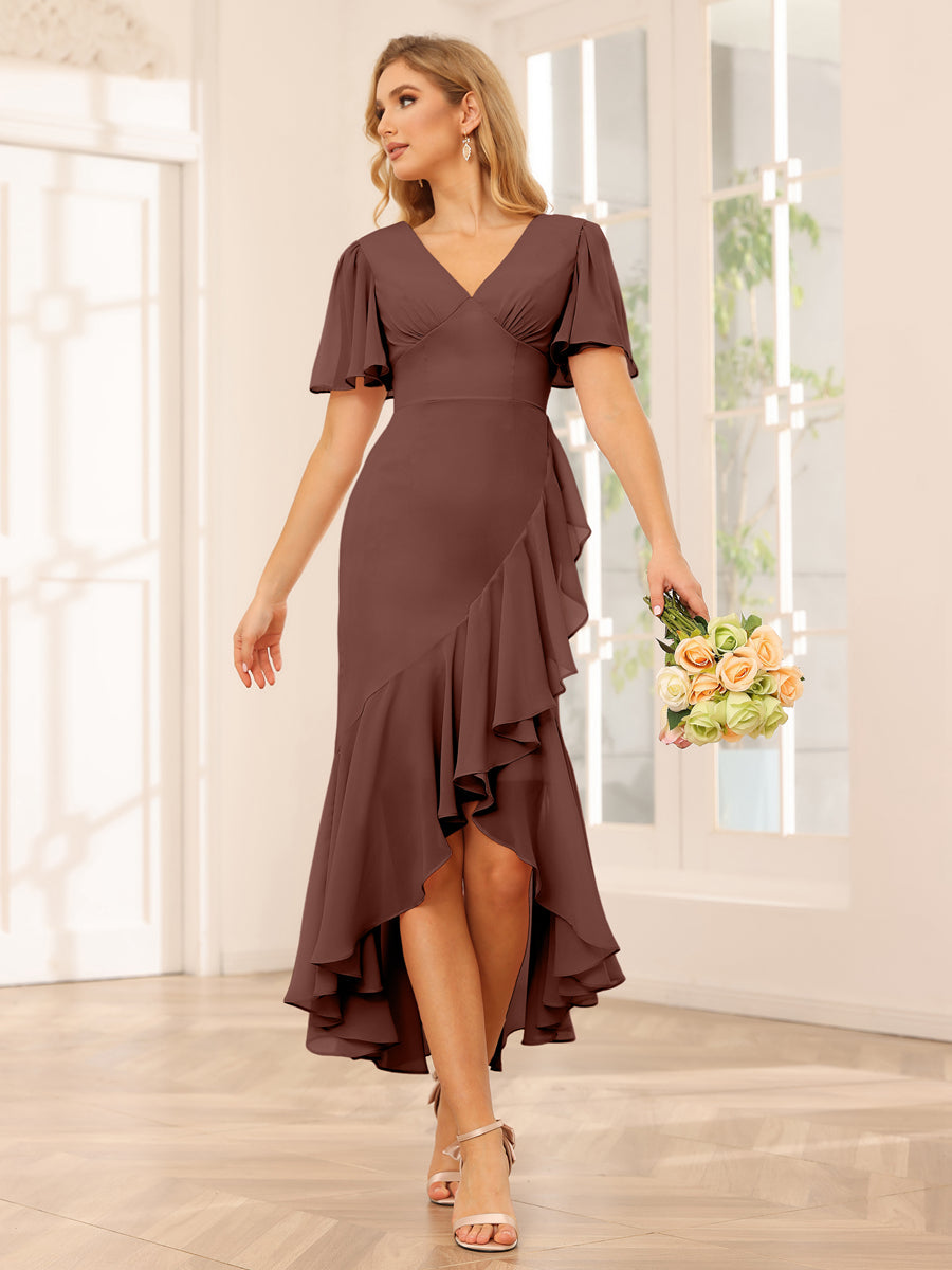 Sheath/Column V-Neck Asymmetrical Bridesmaid Dresses with Ruffles Brown