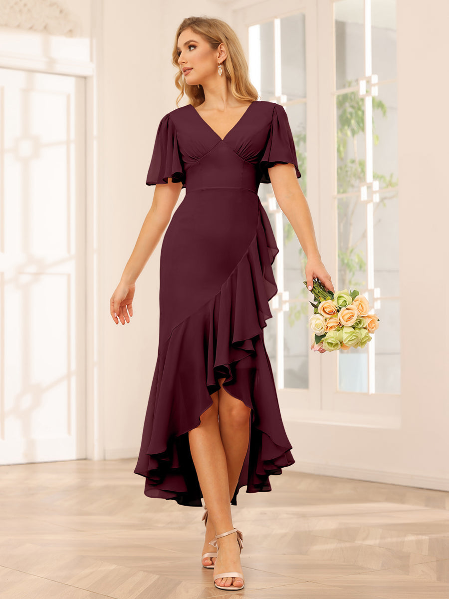 Sheath/Column V-Neck Asymmetrical Bridesmaid Dresses with Ruffles Burgundy