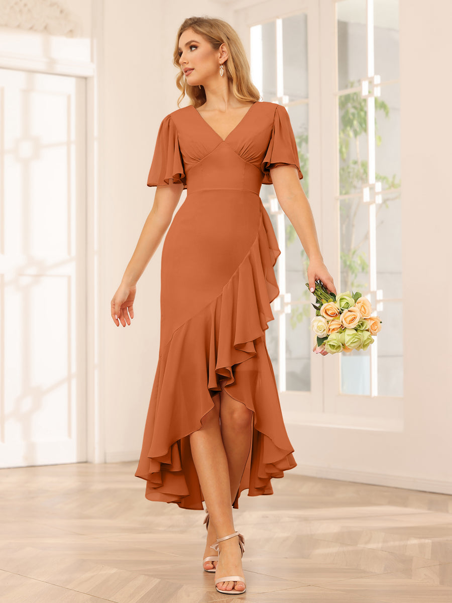 Sheath/Column V-Neck Asymmetrical Bridesmaid Dresses with Ruffles Burnt Orange