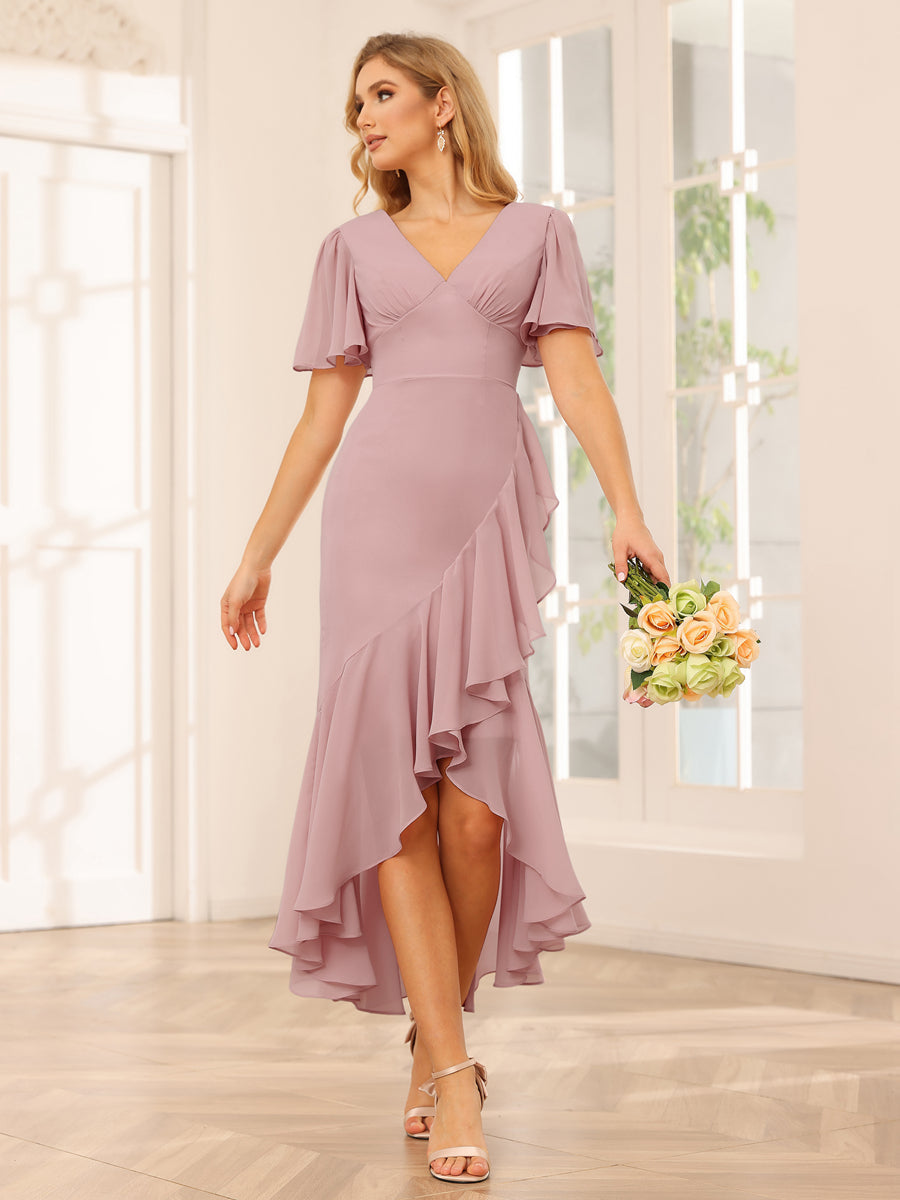 Sheath/Column V-Neck Asymmetrical Bridesmaid Dresses with Ruffles Dusty Pink