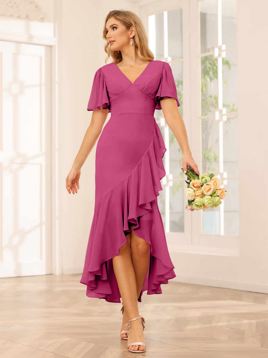 Sheath/Column V-Neck Asymmetrical Bridesmaid Dresses with Ruffles Fuchsia