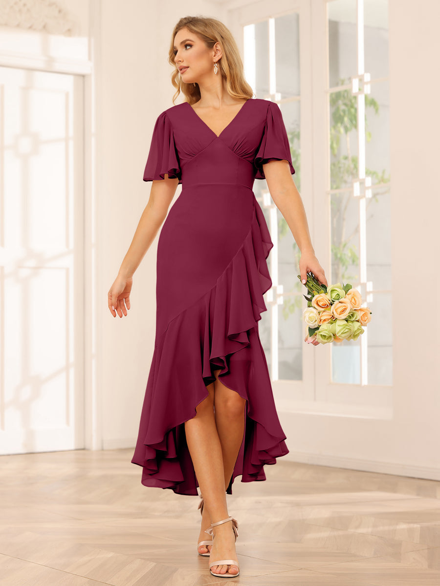 Sheath/Column V-Neck Asymmetrical Bridesmaid Dresses with Ruffles Light Burgundy