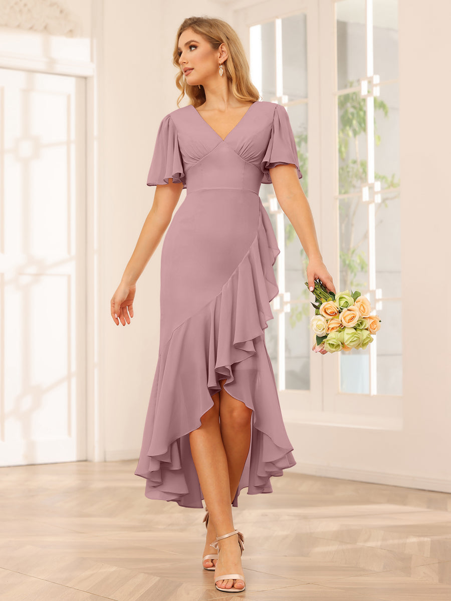 Sheath/Column V-Neck Asymmetrical Bridesmaid Dresses with Ruffles Mauve