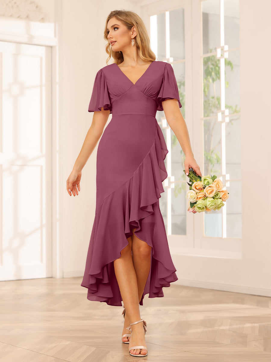 Sheath/Column V-Neck Asymmetrical Bridesmaid Dresses with Ruffles Mulberry