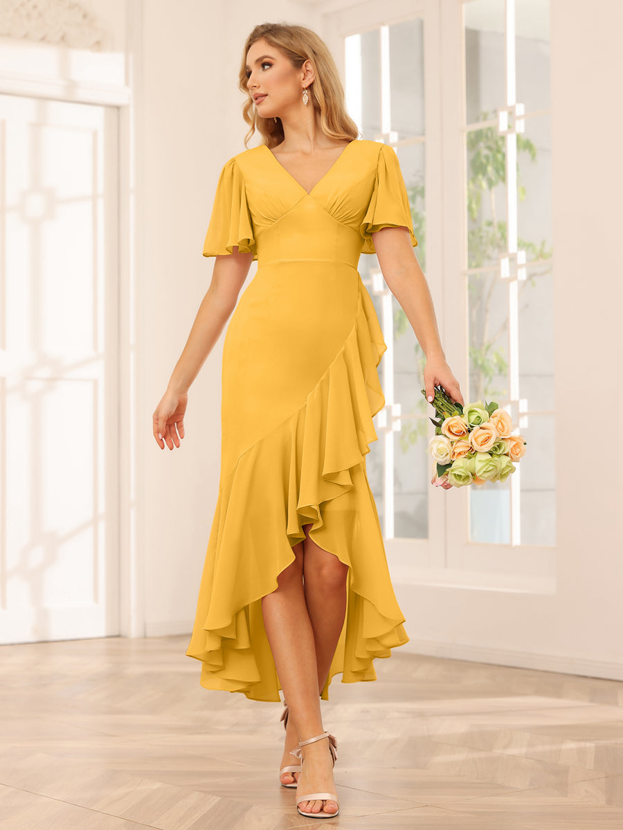 Sheath/Column V-Neck Asymmetrical Bridesmaid Dresses with Ruffles Mustard Yellow