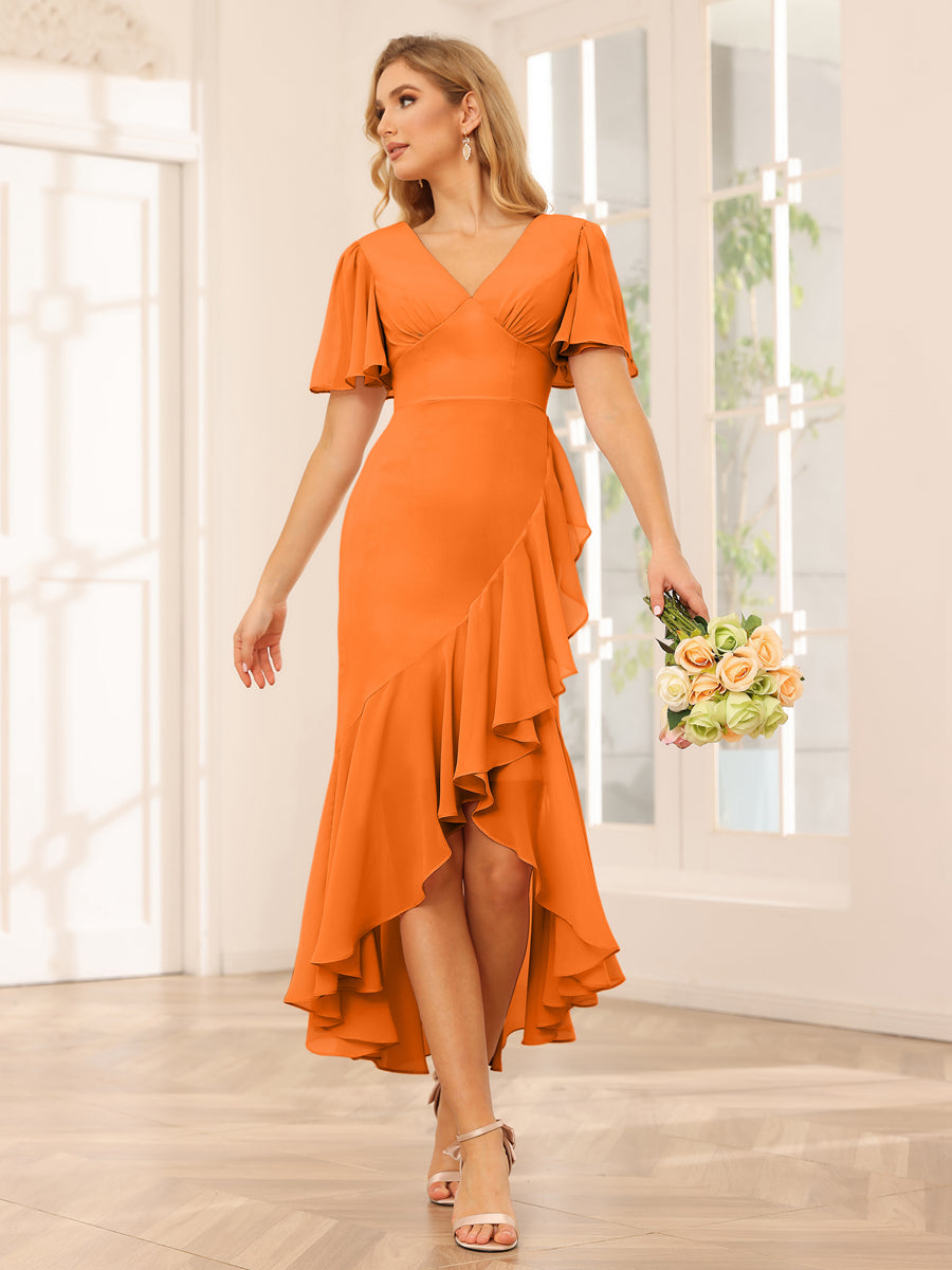 Sheath/Column V-Neck Asymmetrical Bridesmaid Dresses with Ruffles Orange