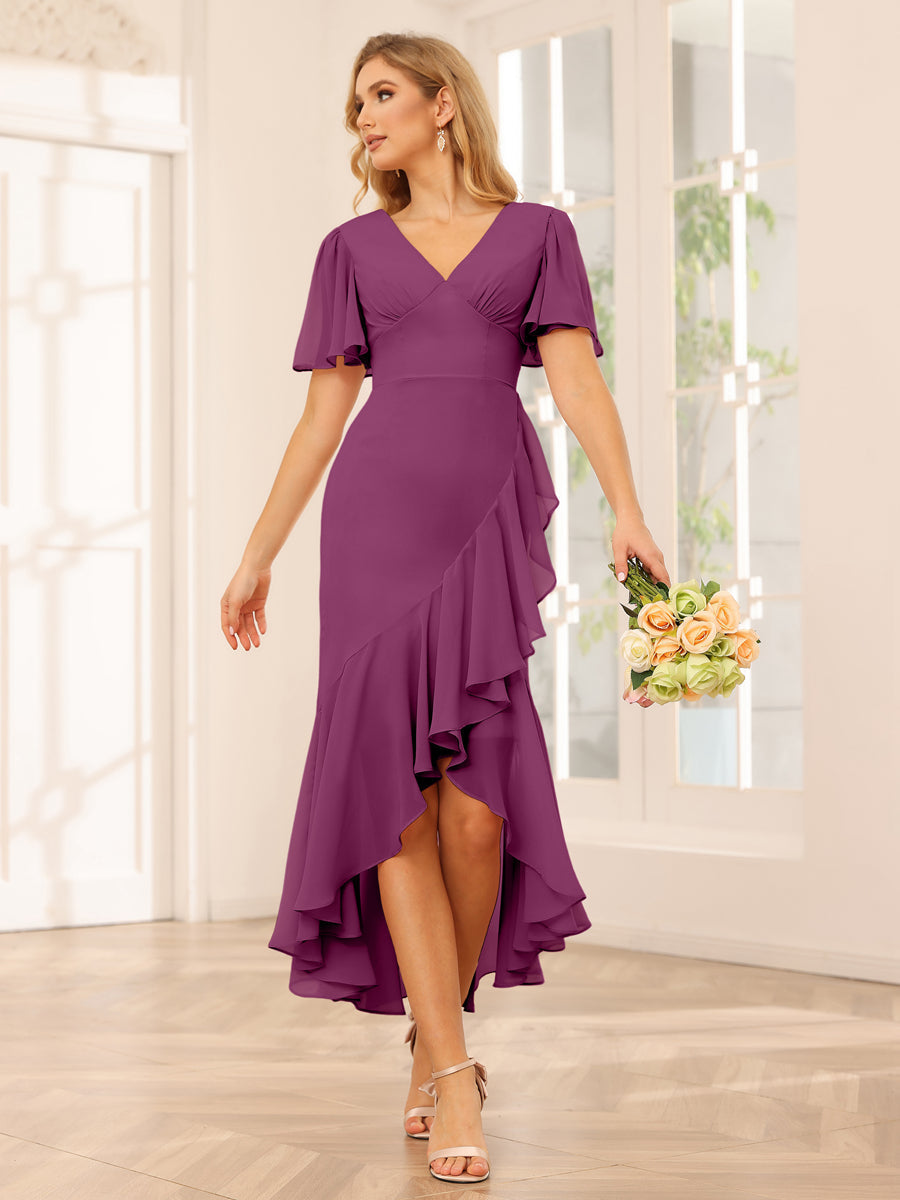 Sheath/Column V-Neck Asymmetrical Bridesmaid Dresses with Ruffles Orchid