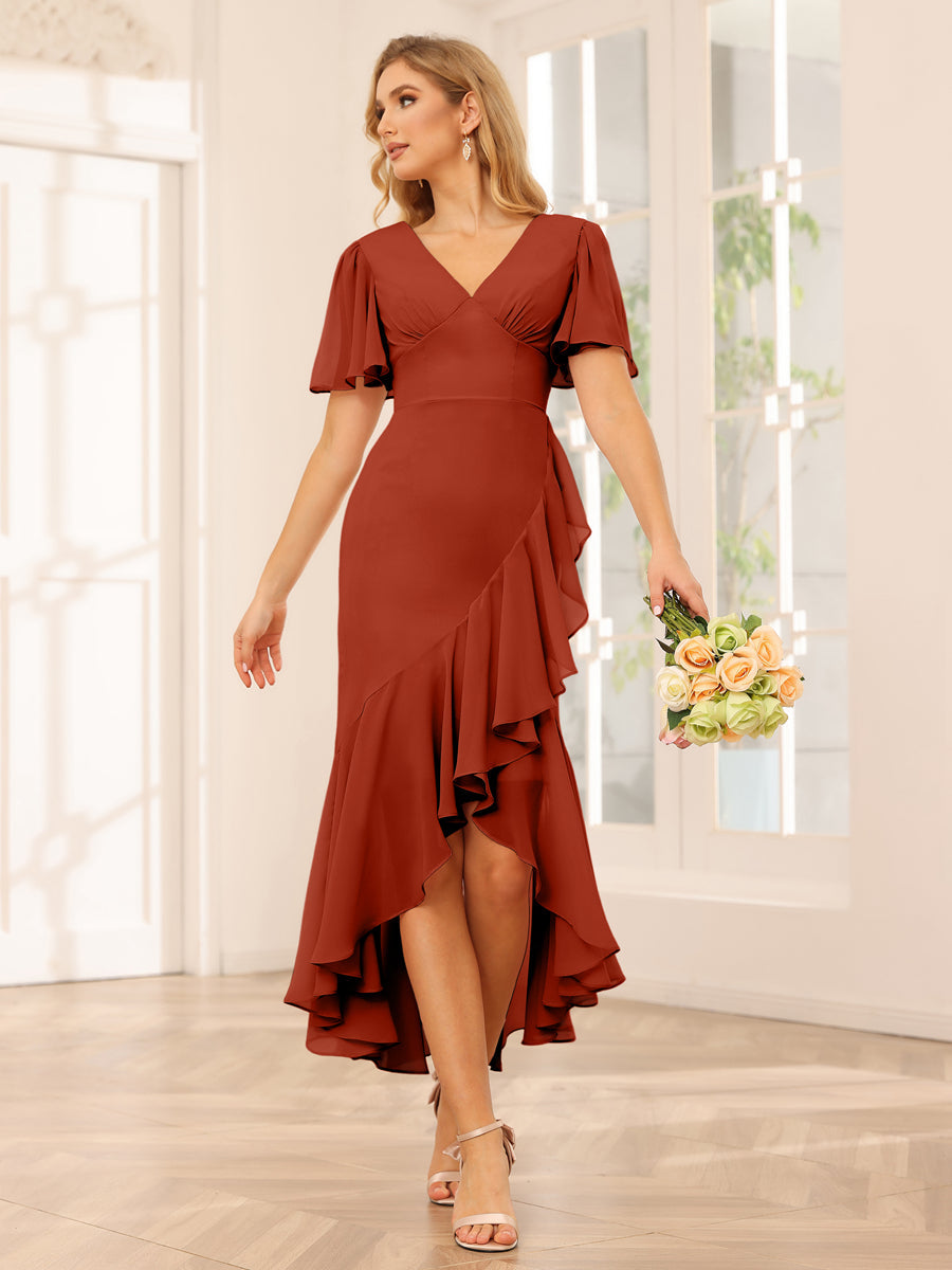Sheath/Column V-Neck Asymmetrical Bridesmaid Dresses with Ruffles Rust
