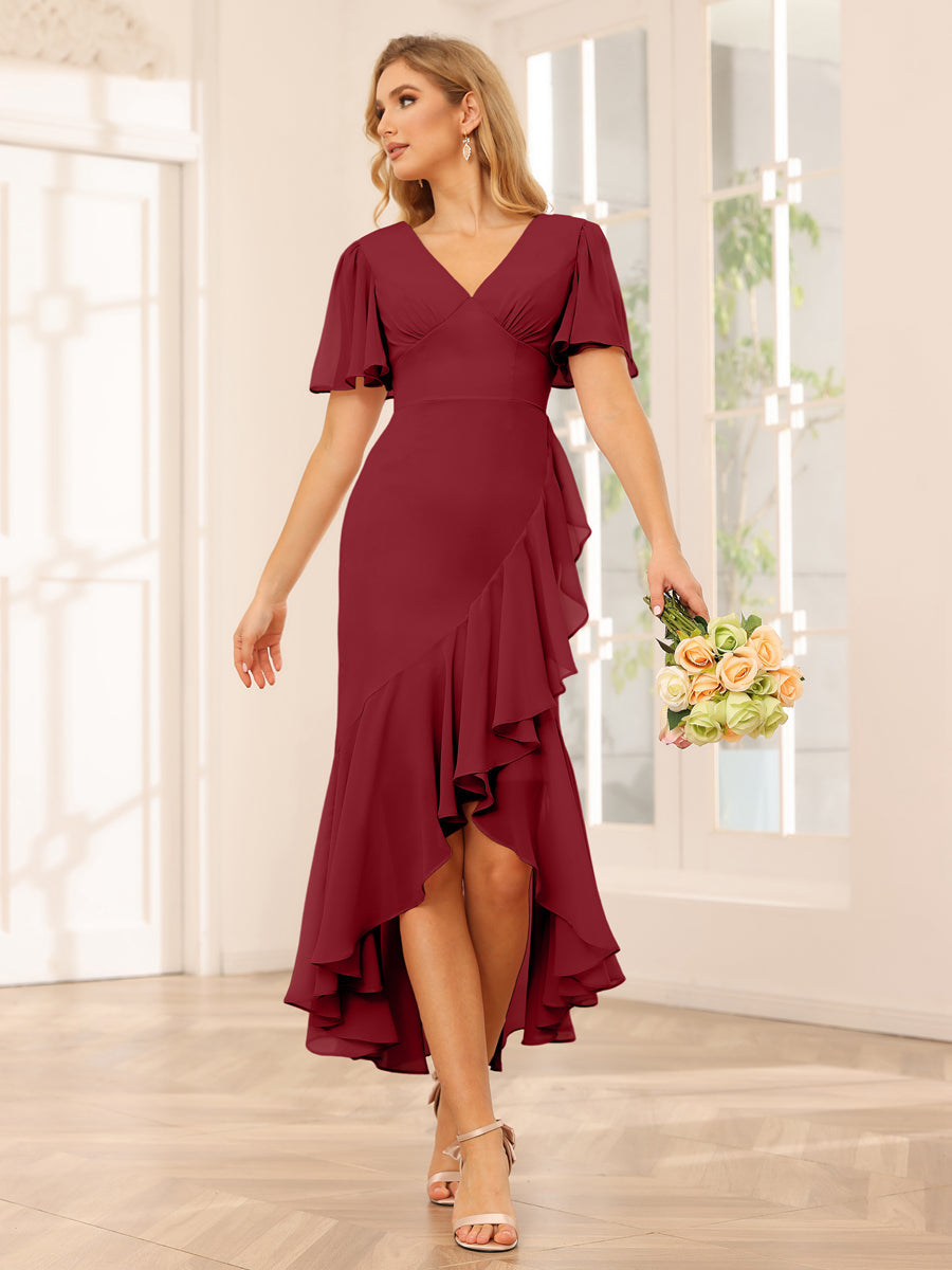 Sheath/Column V-Neck Asymmetrical Bridesmaid Dresses with Ruffles Wine Red