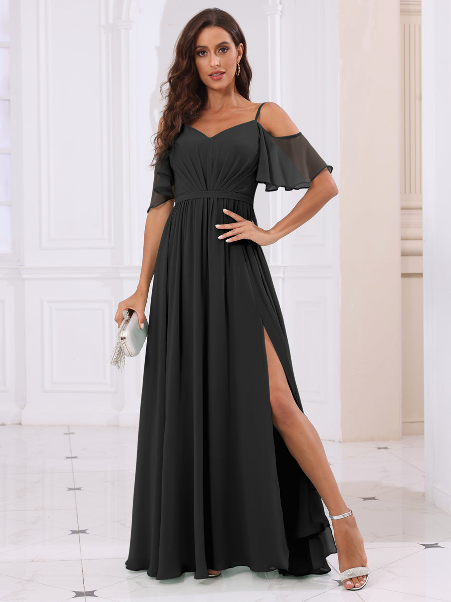 A-Line/Princess Spaghetti Straps Long Bridesmaid Dresses with Split Side Black