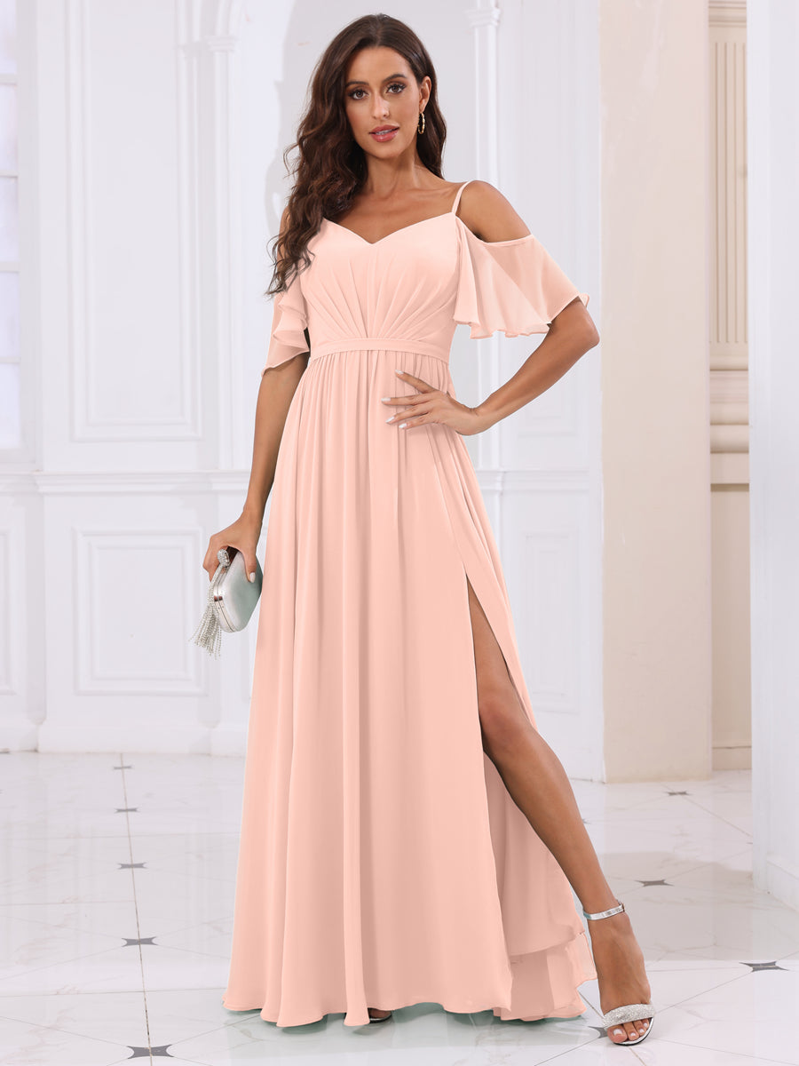 A-Line/Princess Spaghetti Straps Long Bridesmaid Dresses with Split Side Blush Pink