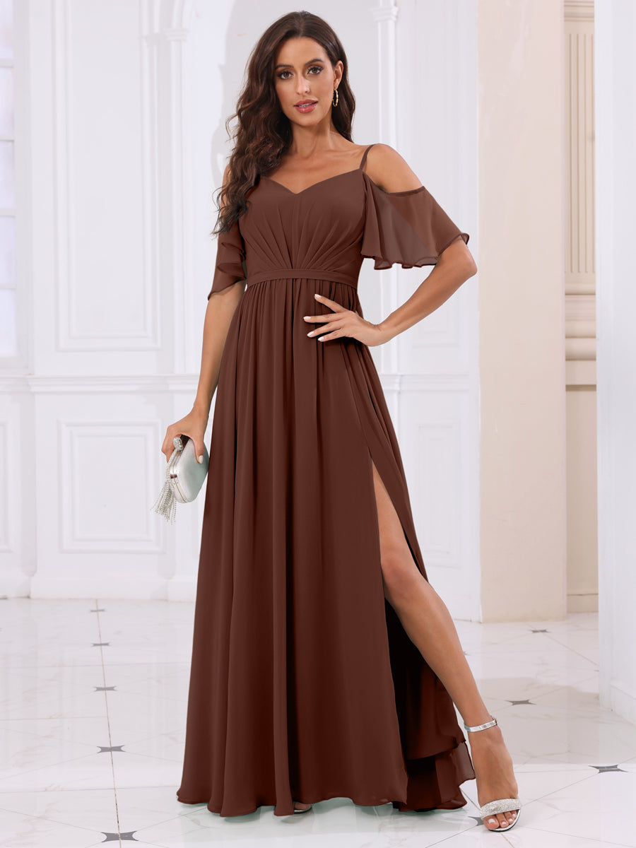 A-Line/Princess Spaghetti Straps Long Bridesmaid Dresses with Split Side Brown