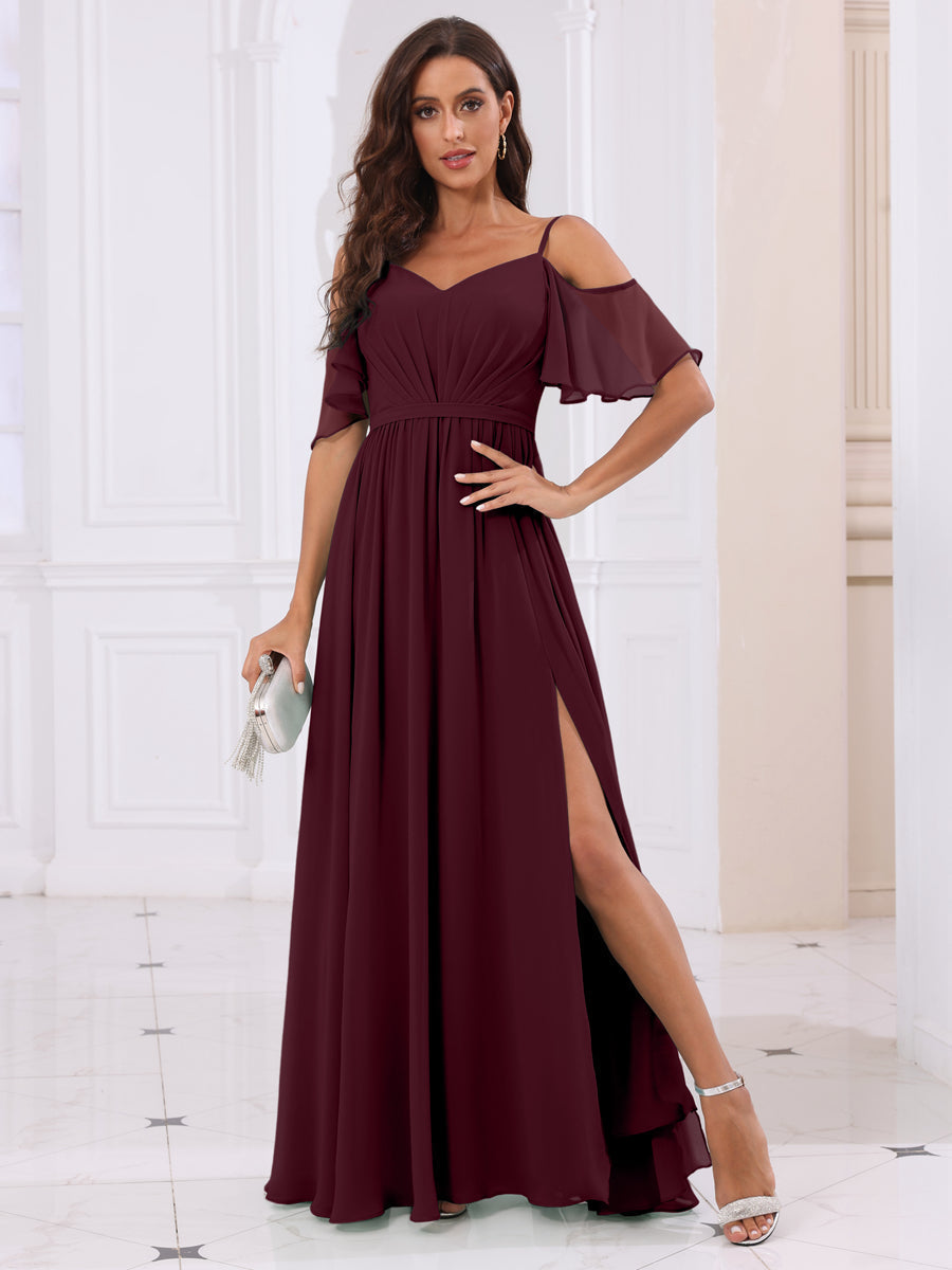 A-Line/Princess Spaghetti Straps Long Bridesmaid Dresses with Split Side Burgundy