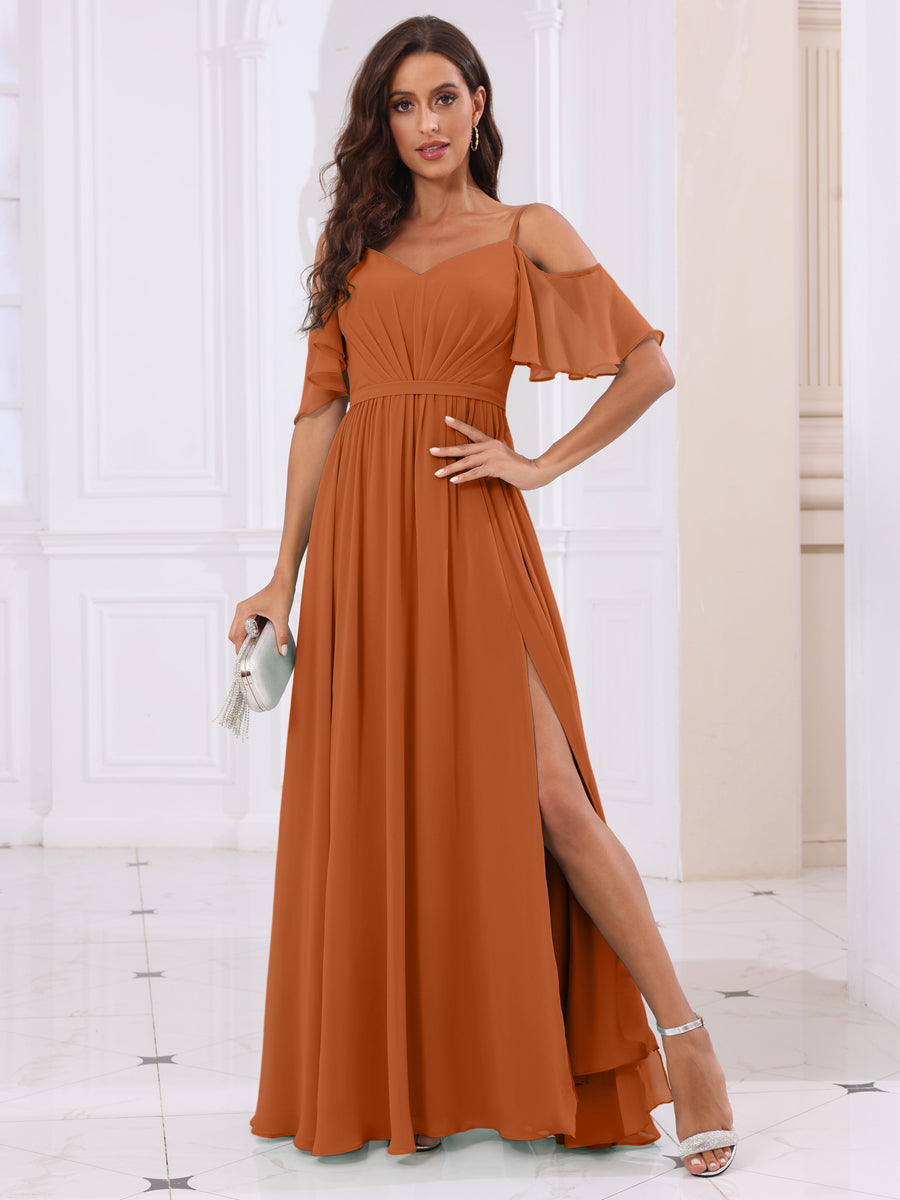 A-Line/Princess Spaghetti Straps Long Bridesmaid Dresses with Split Side Burnt Orange