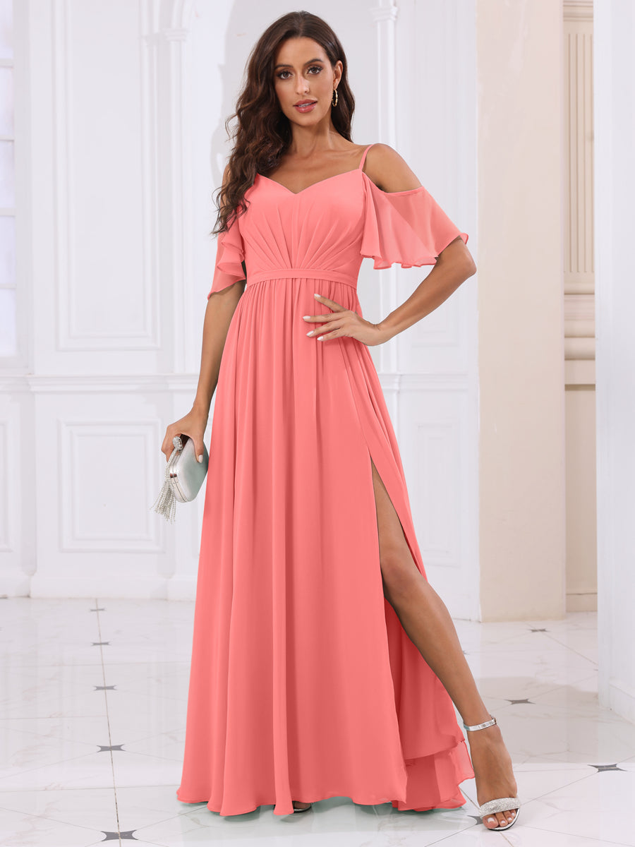 A-Line/Princess Spaghetti Straps Long Bridesmaid Dresses with Split Side Coral