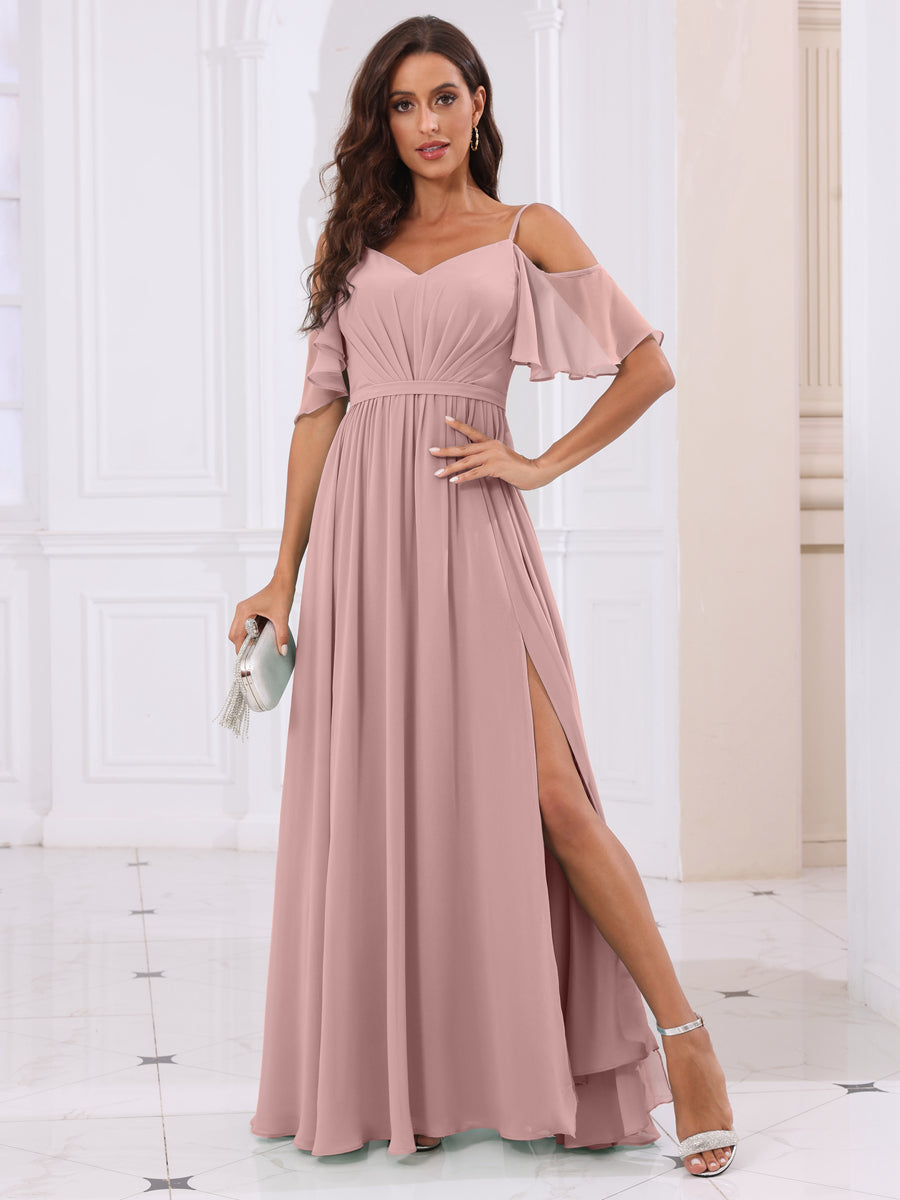 A-Line/Princess Spaghetti Straps Long Bridesmaid Dresses with Split Side Dusty Pink