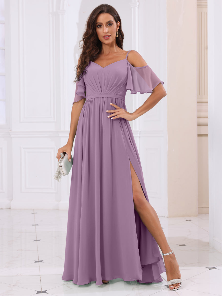 A-Line/Princess Spaghetti Straps Long Bridesmaid Dresses with Split Side Dusty Purple