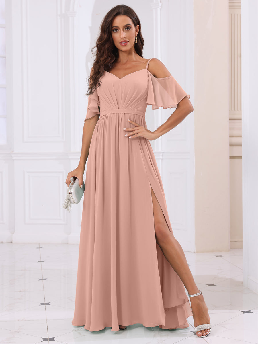 A-Line/Princess Spaghetti Straps Long Bridesmaid Dresses with Split Side Dusty Rose
