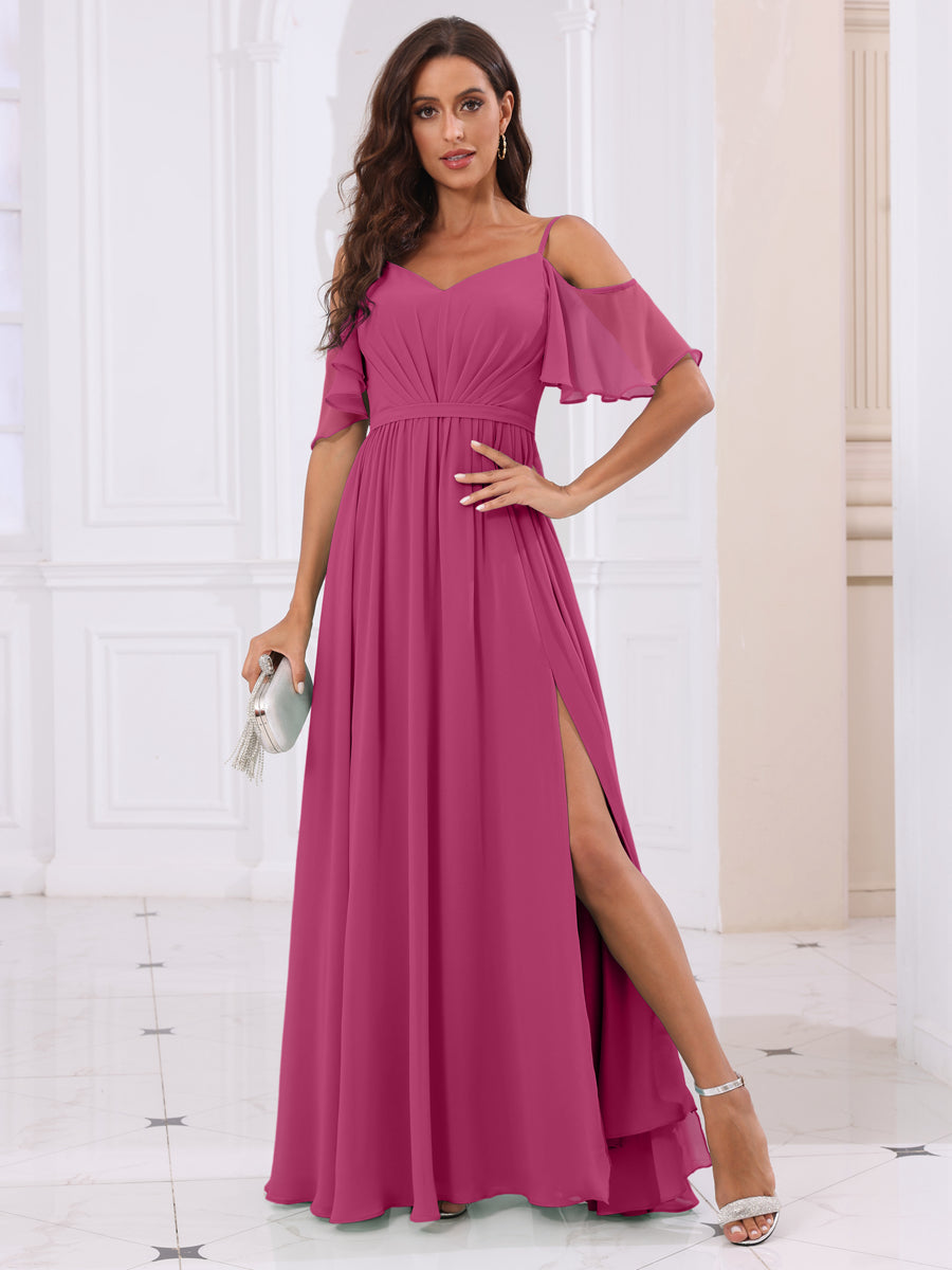 A-Line/Princess Spaghetti Straps Long Bridesmaid Dresses with Split Side Fuchsia
